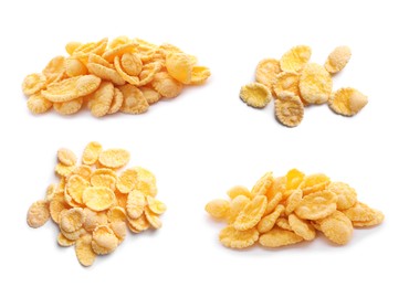 Image of Piles of tasty corn flakes on white background, collage design