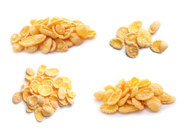 Piles of tasty corn flakes on white background, collage design