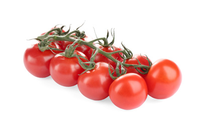 Photo of Branch of fresh cherry tomatoes isolated on white