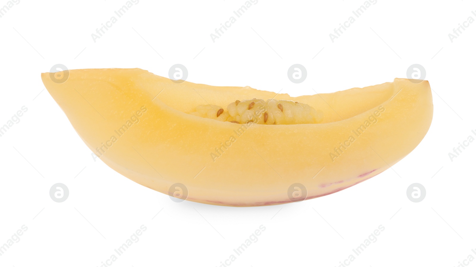 Photo of Slice of fresh ripe pepino melon isolated on white
