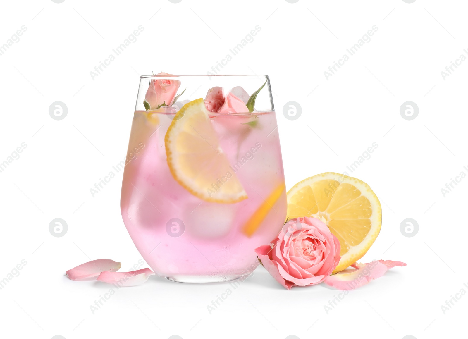 Photo of Tasty refreshing lemon drink with roses on white background