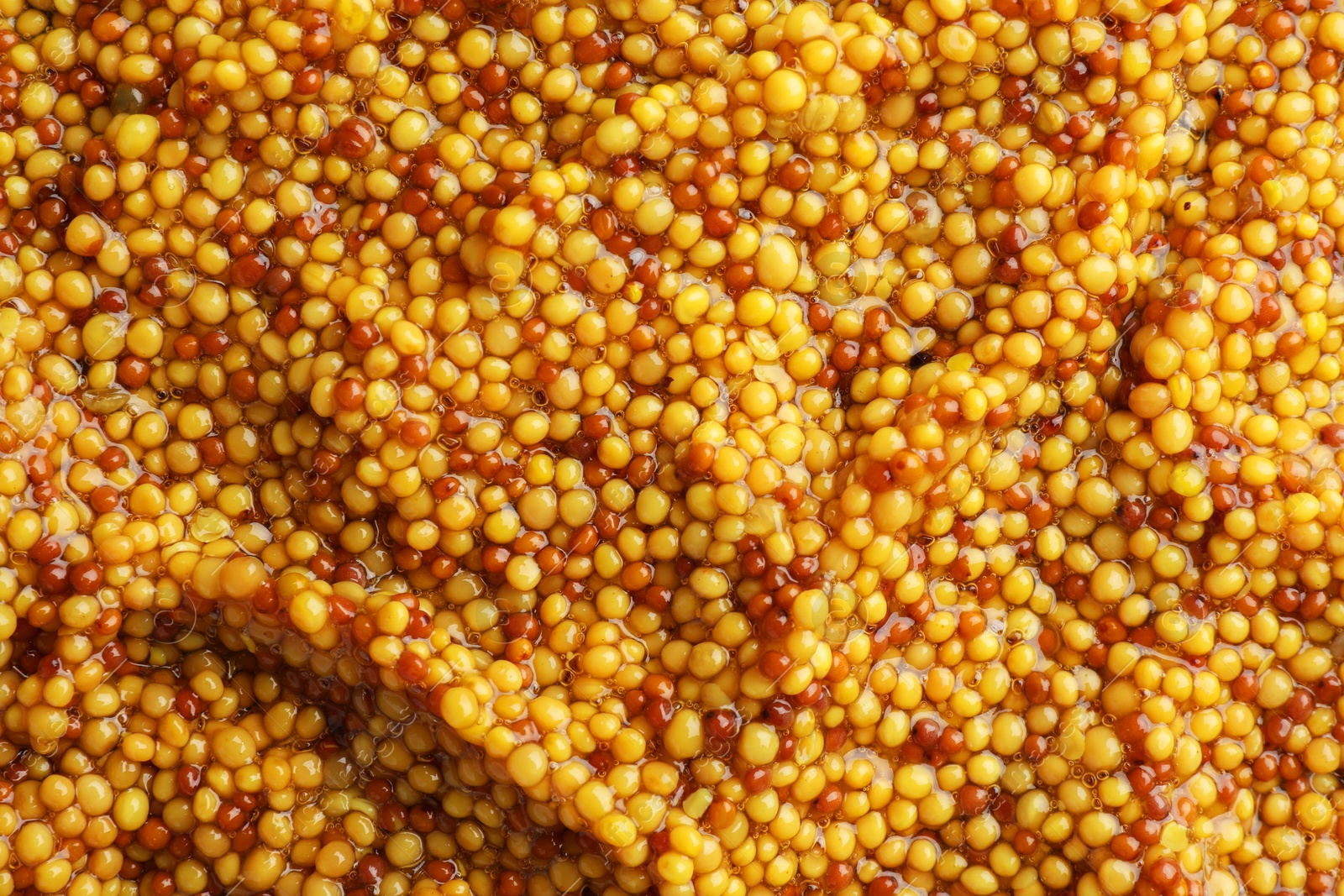 Photo of Whole grain mustard as background, top view