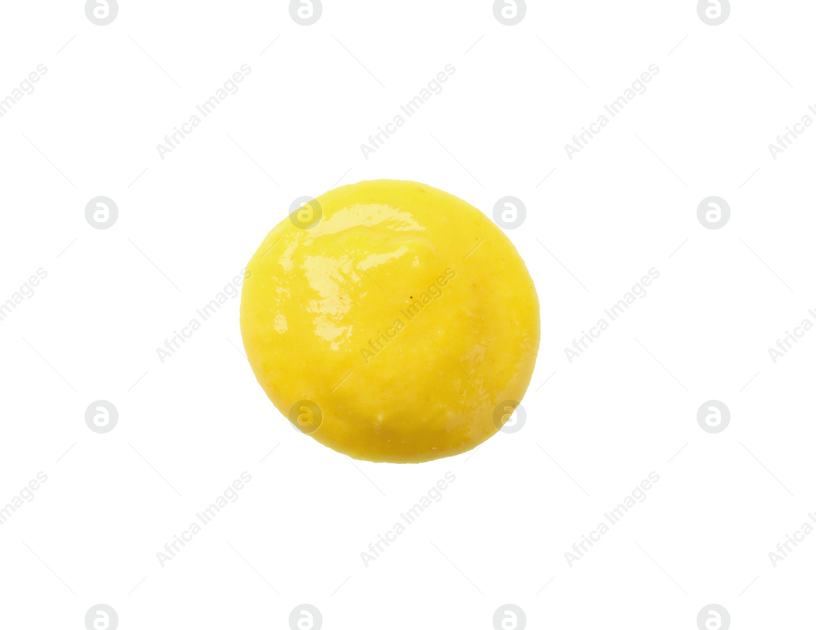 Photo of Tasty mustard isolated on white, top view