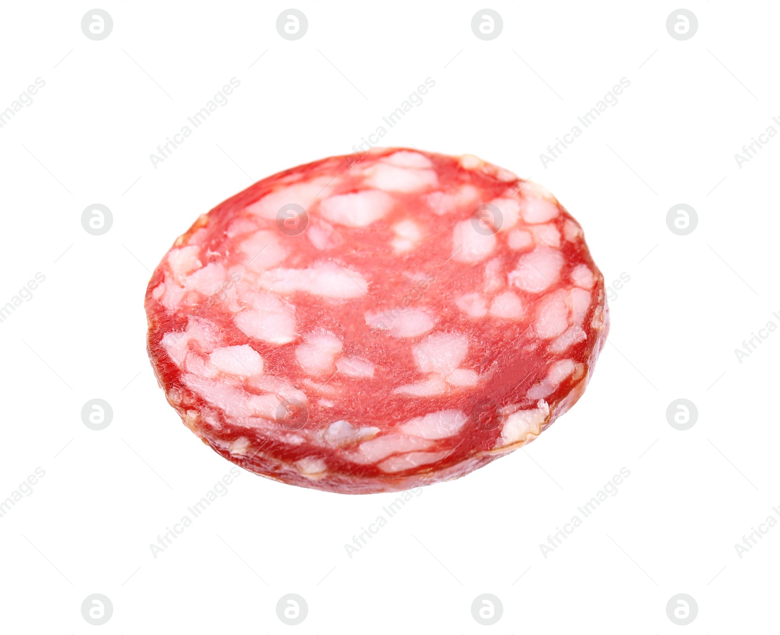 Photo of Slice of delicious smoked sausage isolated on white