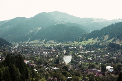 Picturesque landscape with forest and village in mountains