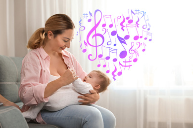 Image of Flying music notes and young woman with her cute baby at home. Lullaby songs 