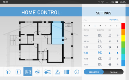 Illustration of Energy efficiency home control system. Application displaying different settings and house plan