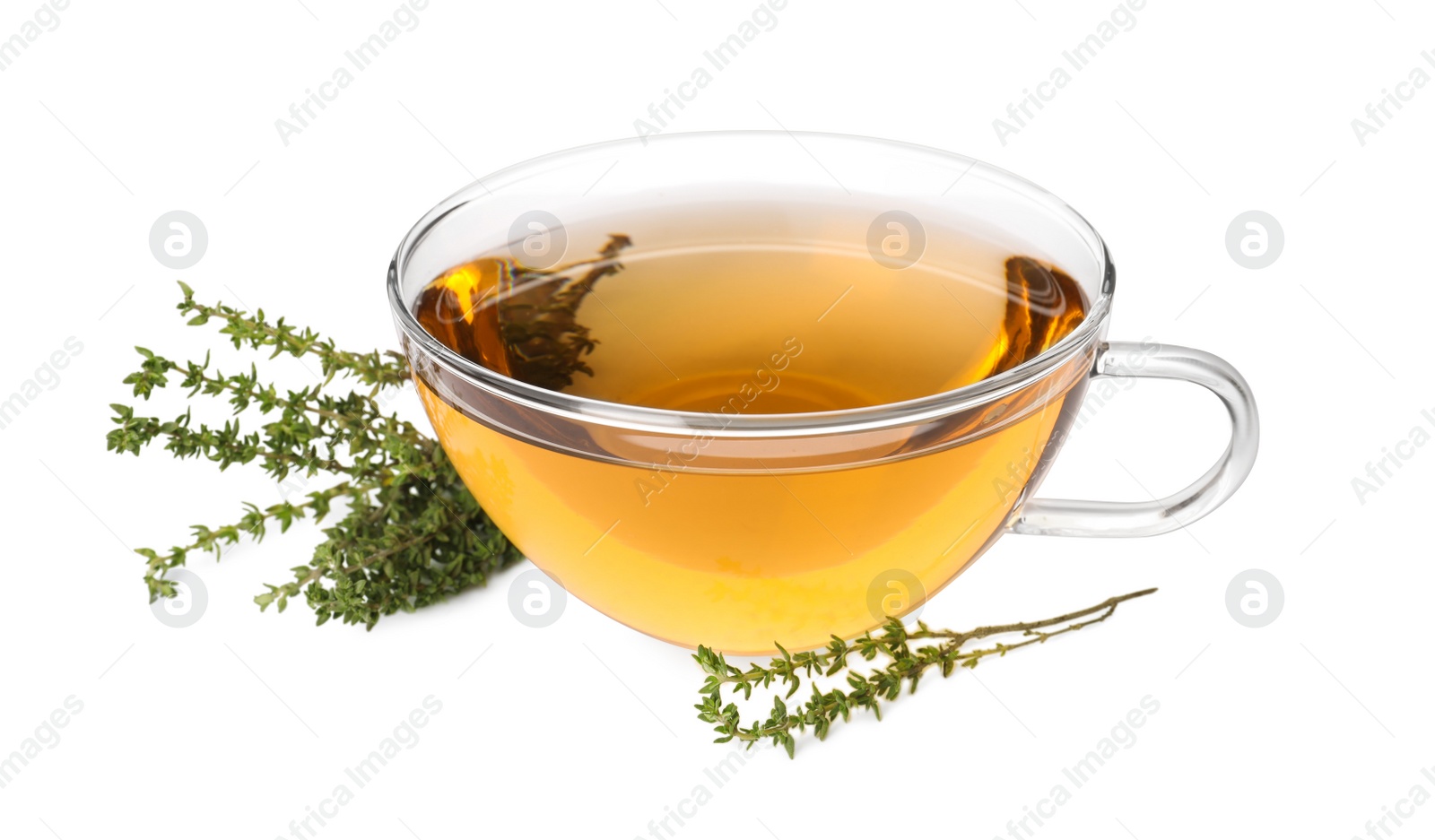 Photo of Cup of aromatic herbal tea and fresh thyme isolated on white