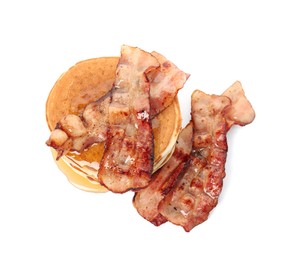 Photo of Delicious pancakes with maple syrup and fried bacon on white background, top view