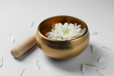 Tibetan singing bowl with water, beautiful chrysanthemum flower and mallet on white background