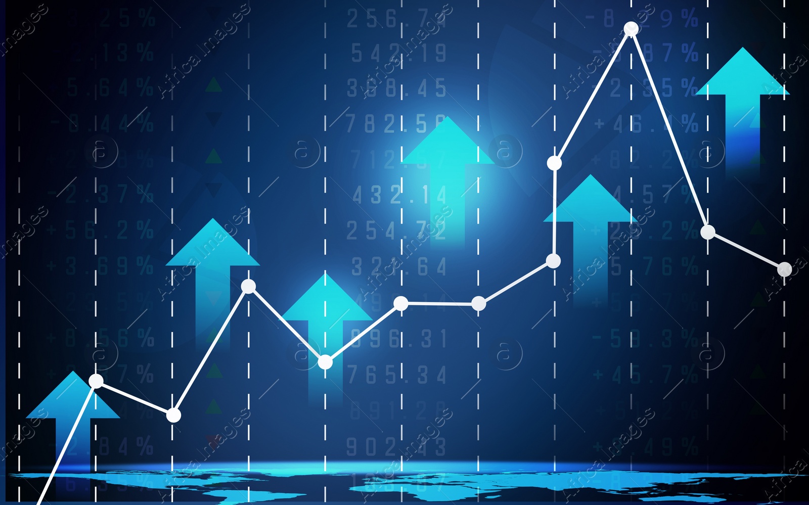 Illustration of Movement of asset price. Market of cryptocurrency / stocks / commodity. Graph, arrows, data and world map illustration on blue background