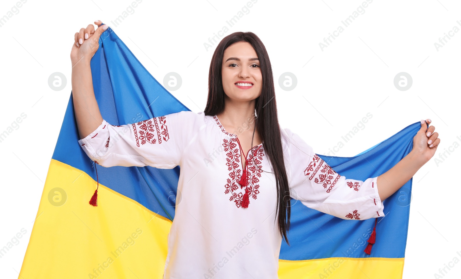 Photo of Young woman with flag of Ukraine on white background