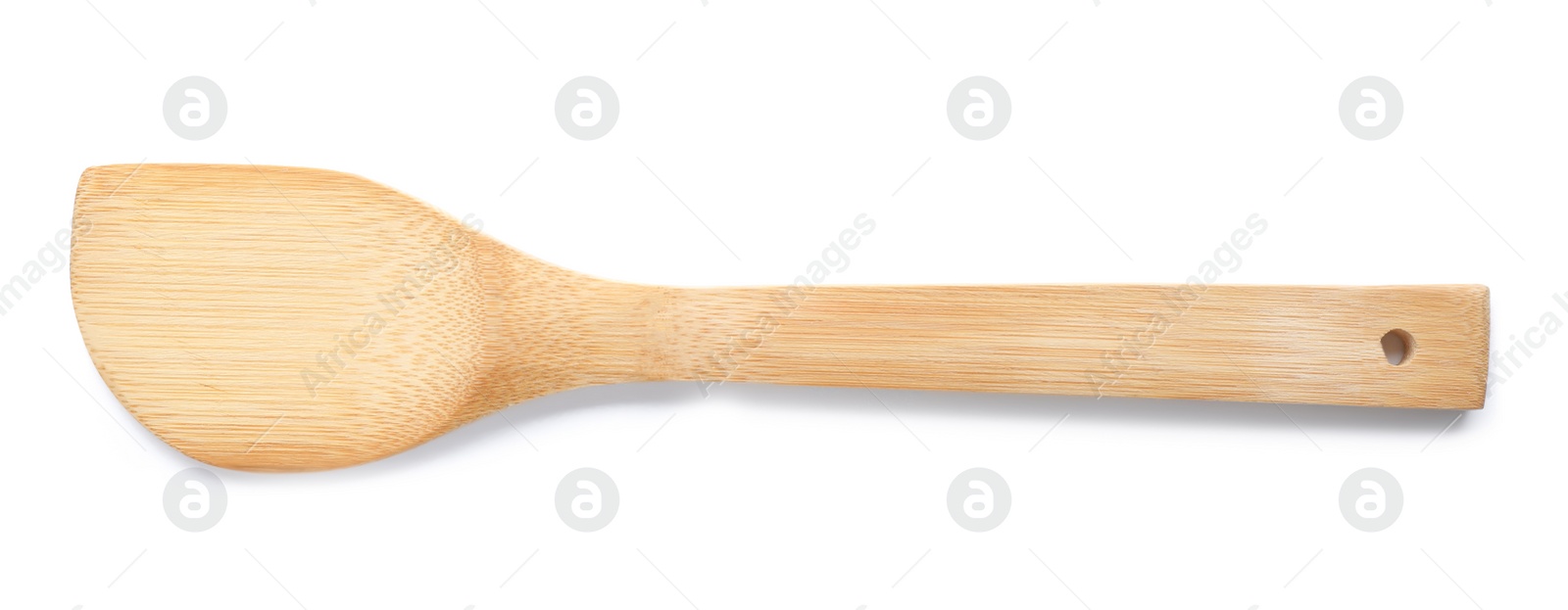 Photo of Kitchen utensil made of bamboo on white background, top view