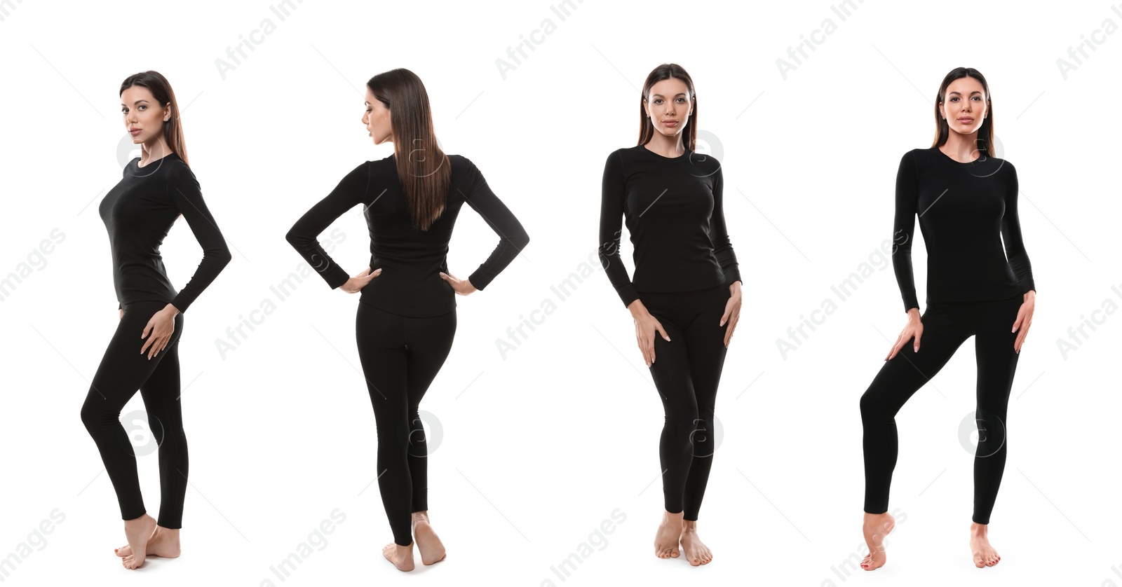 Image of Collage of woman wearing thermal underwear isolated on white