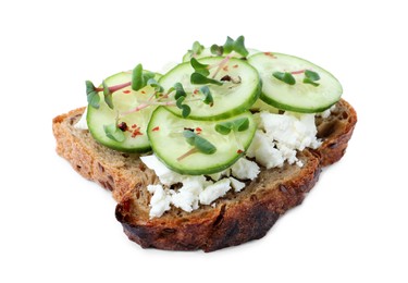 Photo of Delicious sandwich with cucumber, microgreens and cheese on white background