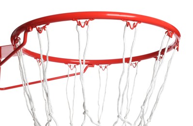 Photo of Basketball hoop with net on white background, closeup