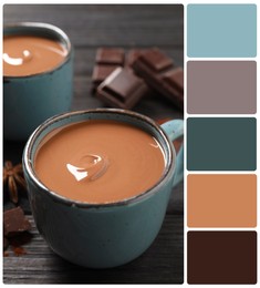 Yummy hot chocolate on black wooden table and color palette. Collage