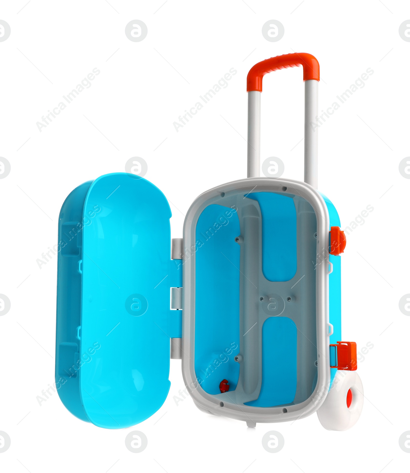 Photo of Empty little blue suitcase on white background