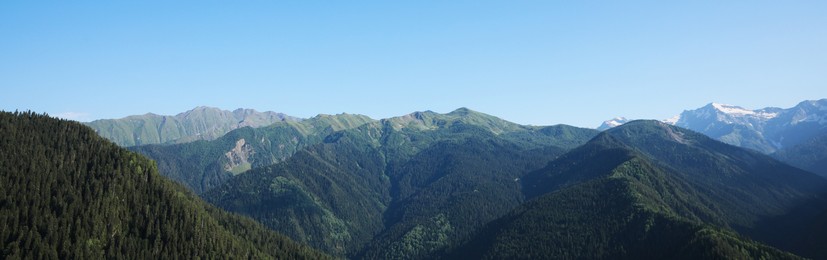 Picturesque mountains under beautiful sky, banner design