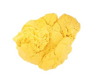 Photo of Pile of yellow kinetic sand on white background, top view