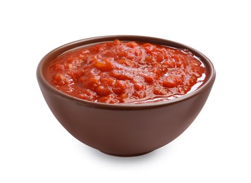 Photo of Homemade tomato sauce in bowl isolated on white