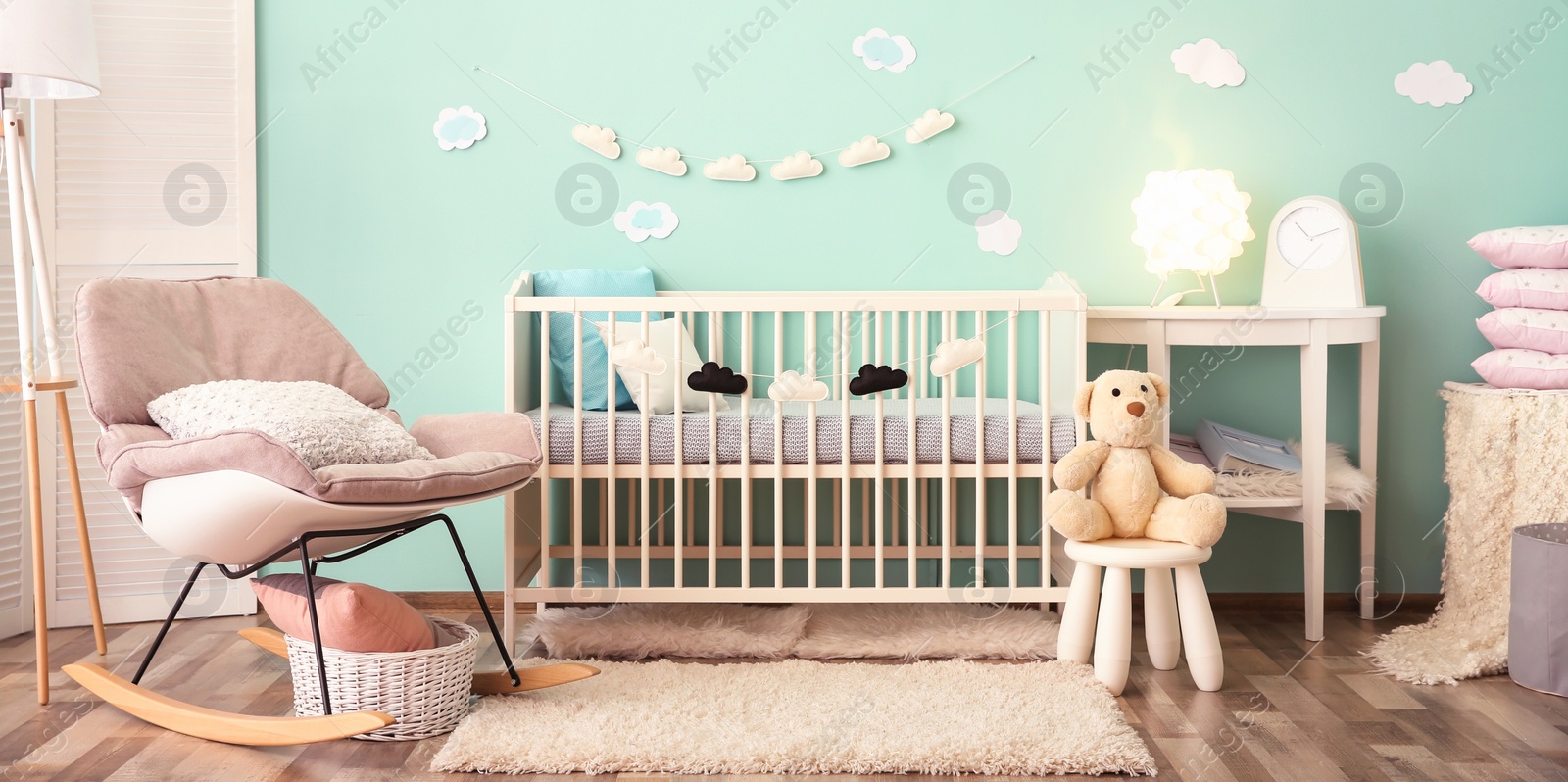 Image of Baby room interior with comfortable crib. Banner design