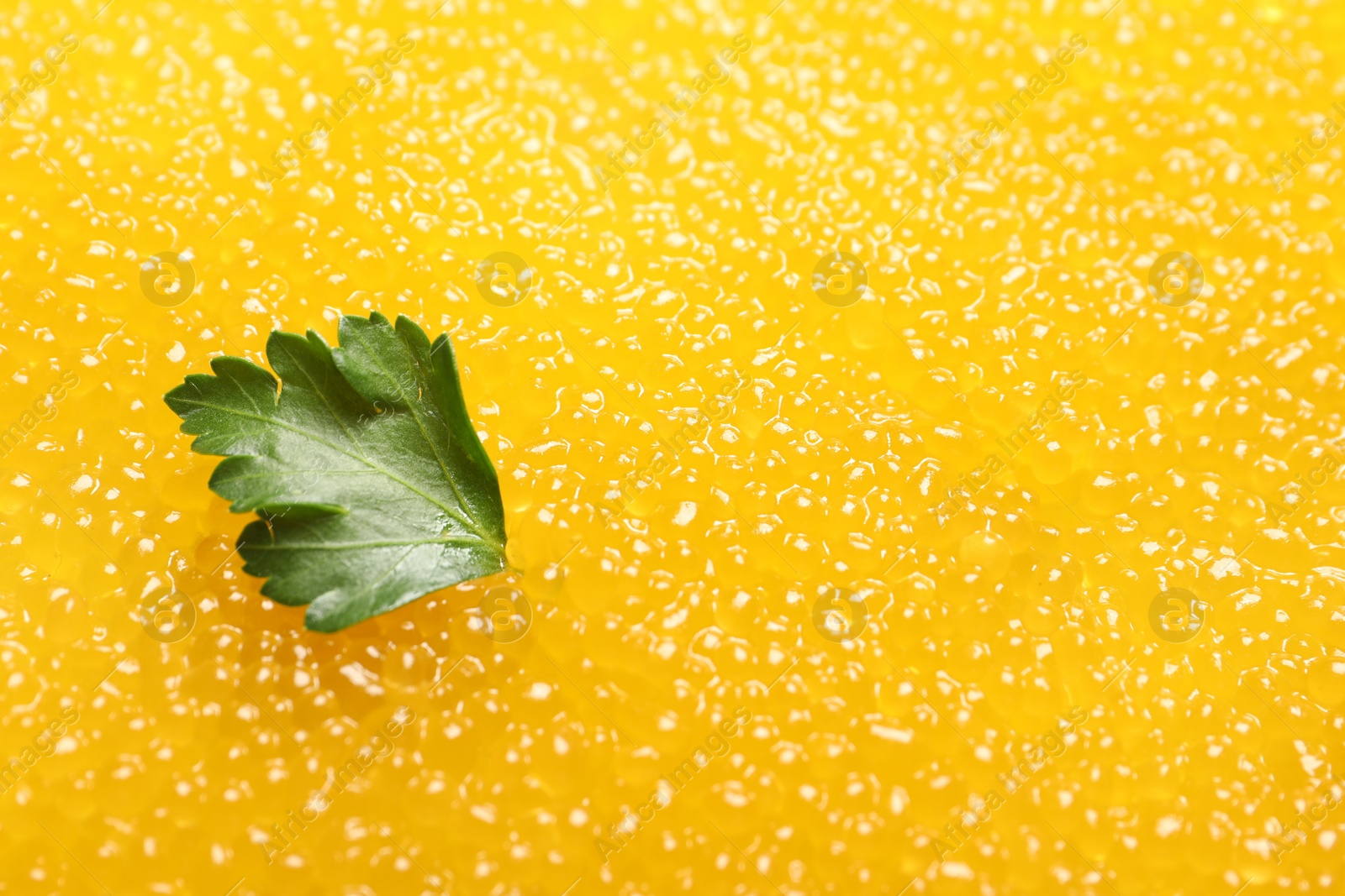 Photo of Fresh pike caviar and parsley, closeup. Space for text