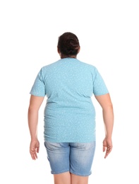 Photo of Fat woman on white background. Weight loss