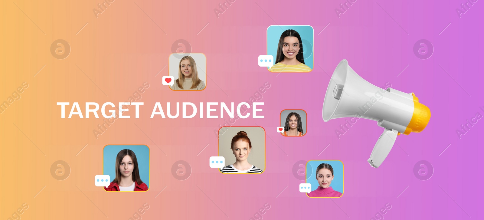 Image of Target audience. Megaphone and photos of potential clients with icons on gradient color background, banner design