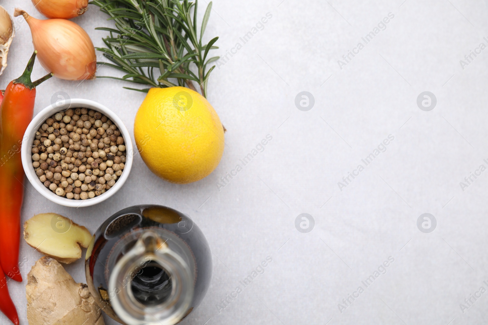 Photo of Flat lay composition with different fresh ingredients for marinade on light table, space for text