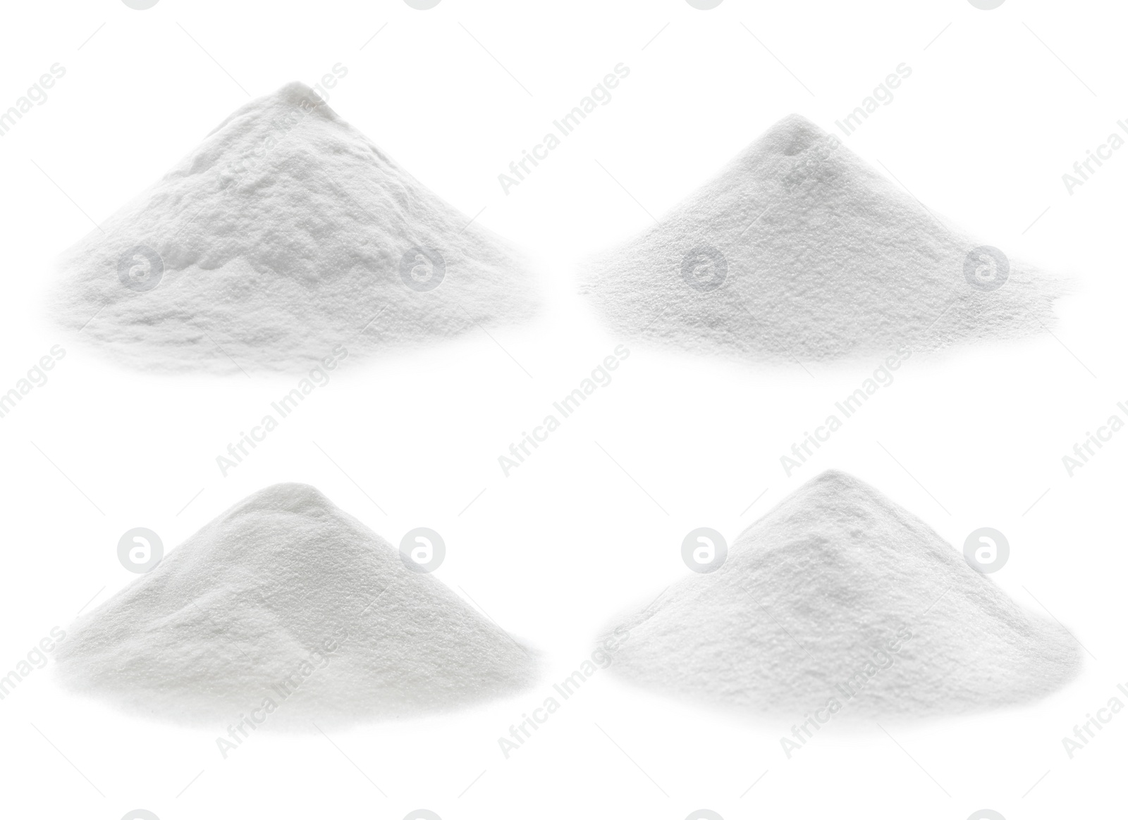 Image of Set with piles of baking soda on white background  