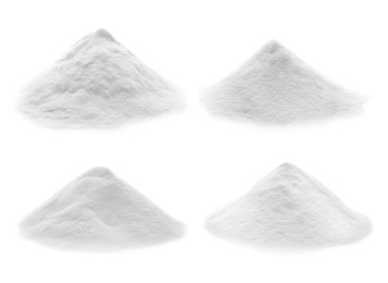 Set with piles of baking soda on white background  