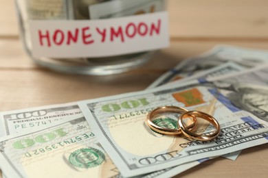 Glass jar with word Honeymoon, dollar banknotes and golden rings on wooden table, closeup