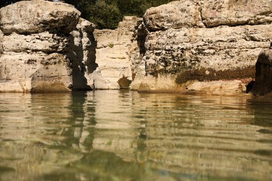 Beautiful clean pond and many rocks outdoors