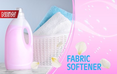 Fabric softener advertising design. Bottle of natural conditioner, soft clean towels, flying bubbles and flower petals