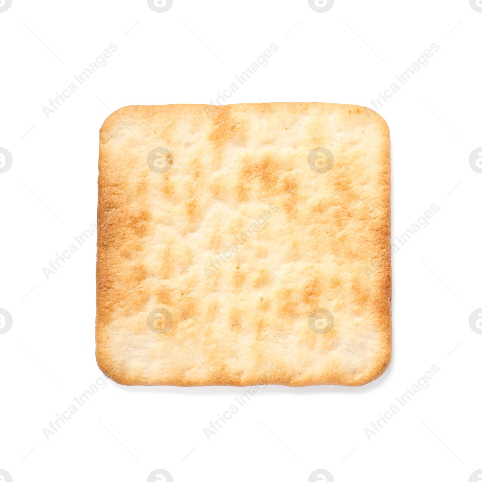 Photo of One crispy cracker isolated on white, top view. Delicious snack