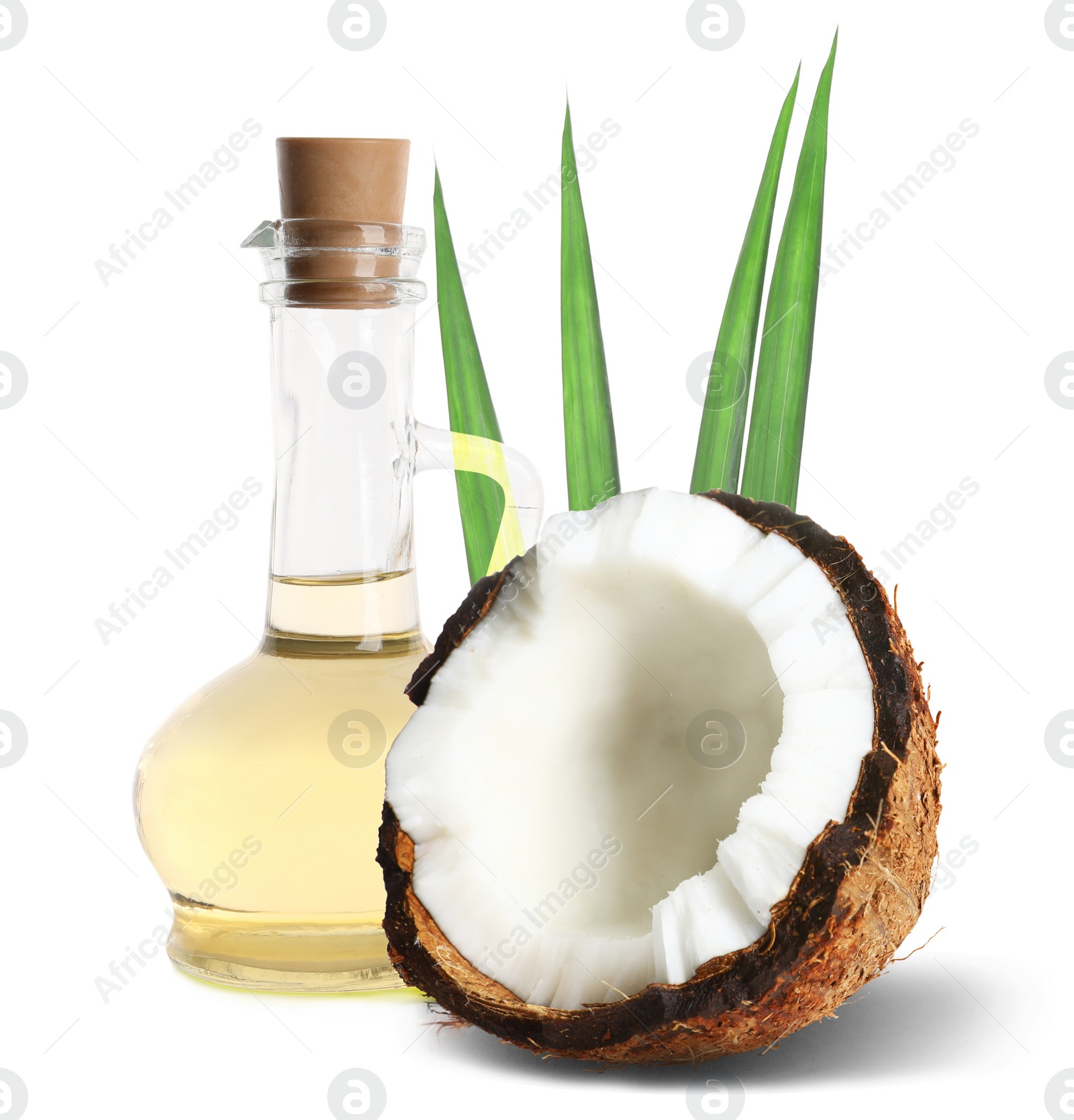 Image of Bottle of coconut cooking oil and fruit on white background