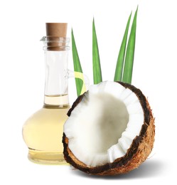 Image of Bottle of coconut cooking oil and fruit on white background