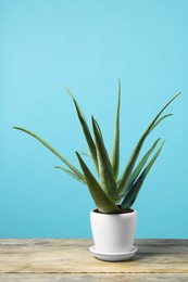 Photo of Green aloe vera in pot on wooden table against light blue background