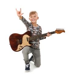 Photo of Cute little boy with guitar isolated on white