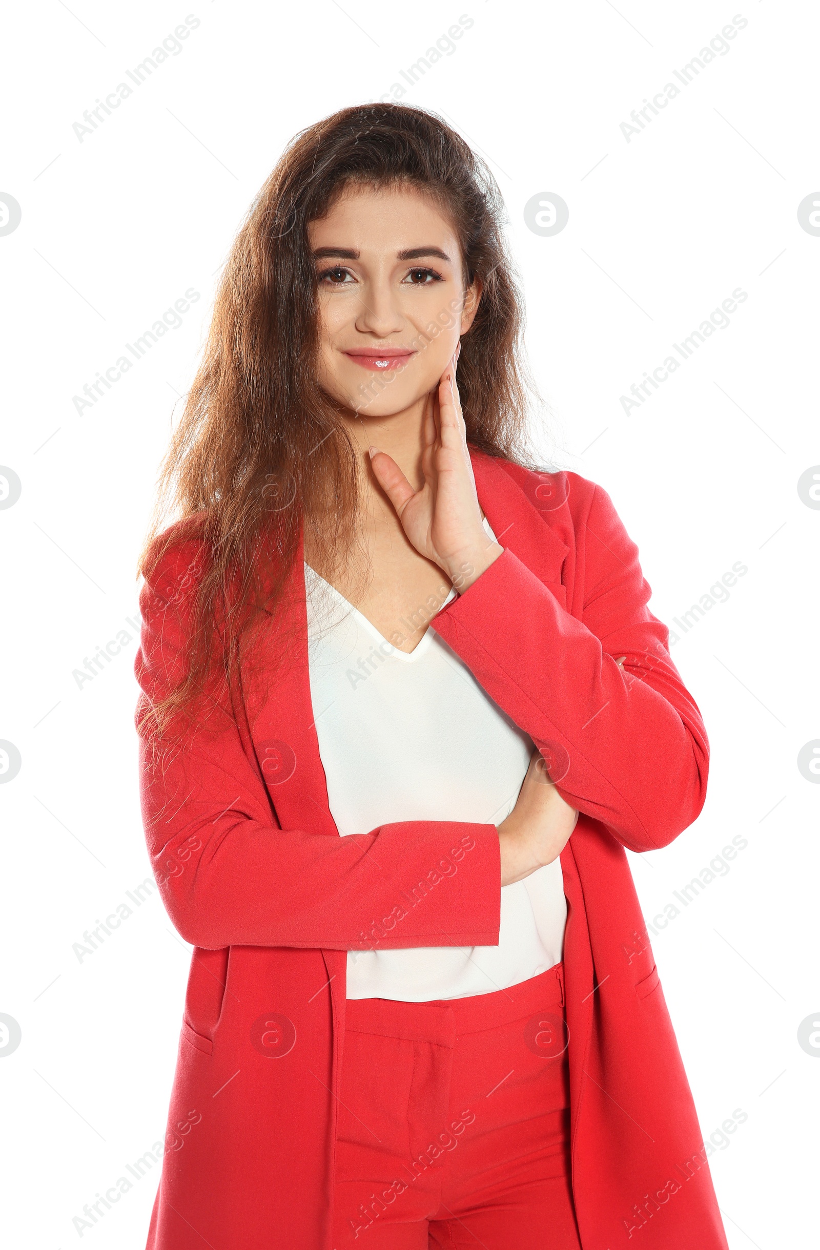 Photo of Beautiful young woman in stylish suit on white background