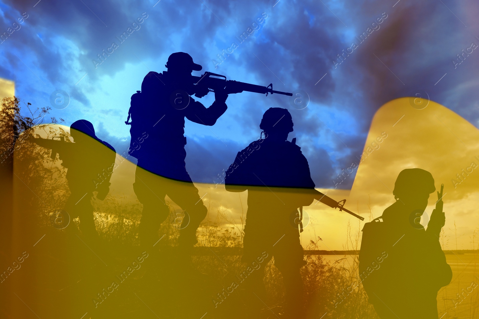 Image of Silhouettes of soldiers with assault rifles and Ukrainian national flag, double exposure