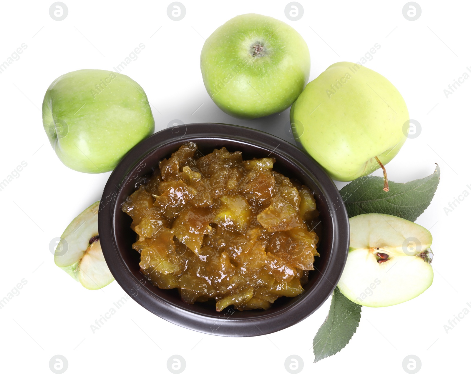 Photo of Bowl of delicious apple jam and fresh fruits isolated on white, top view