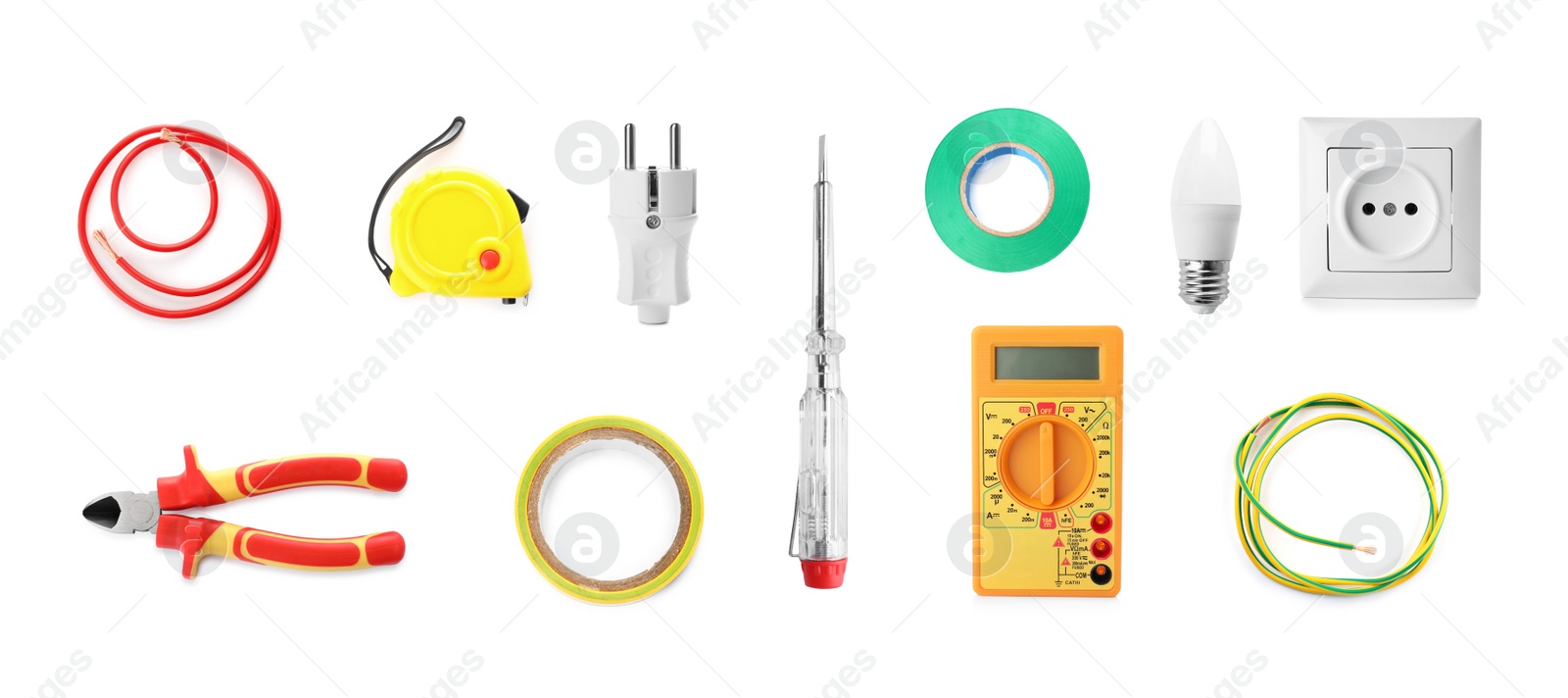 Image of Set of electrician's tools and equipment on white background, banner design