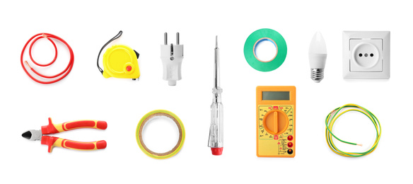 Image of Set of electrician's tools and equipment on white background, banner design