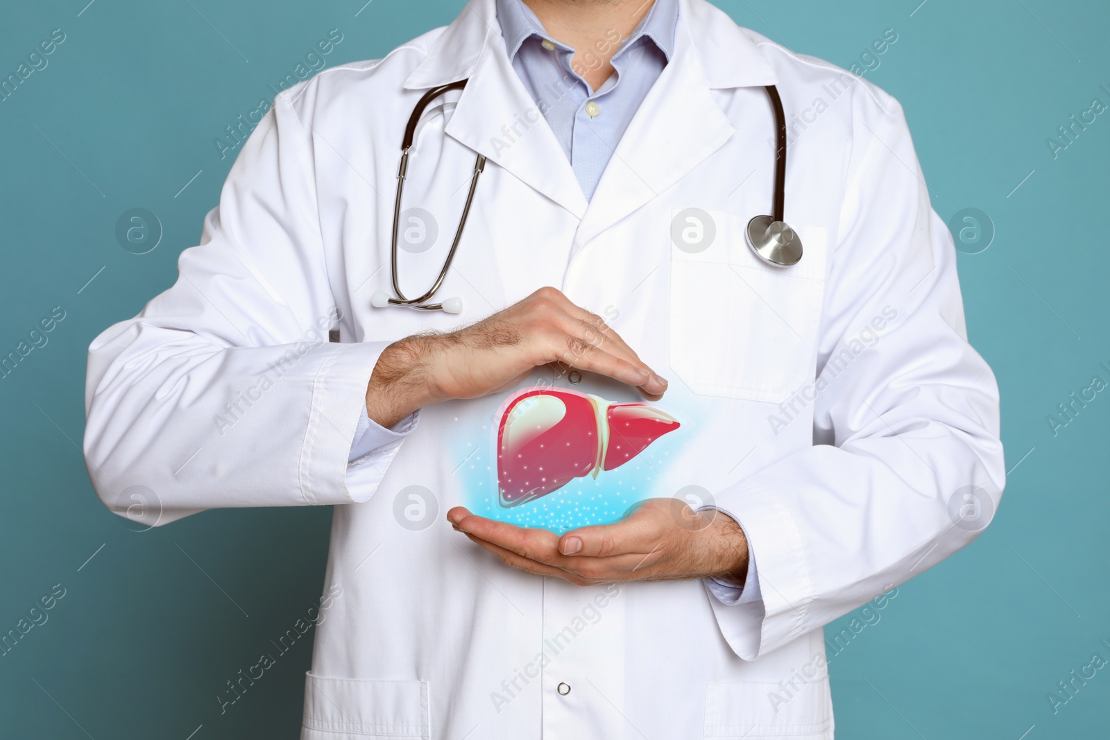 Image of Doctor with stethoscope and illustration of healthy liver on color background, closeup