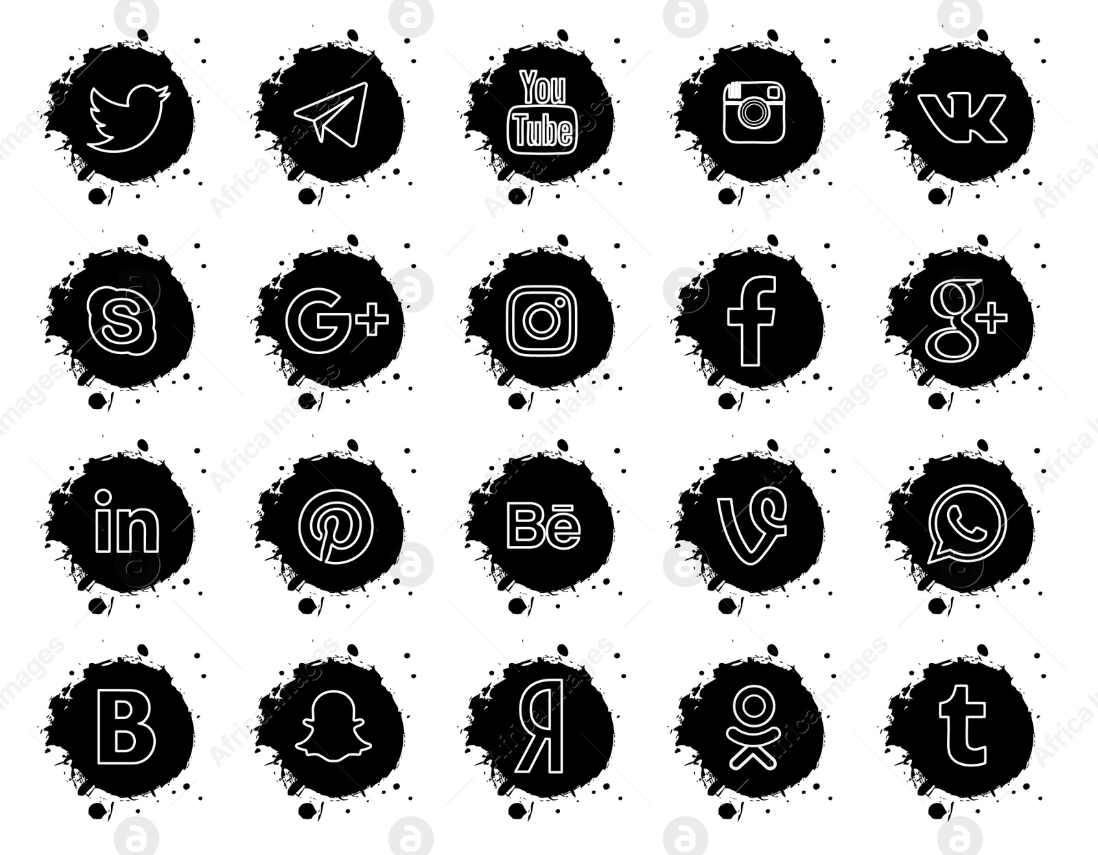 Illustration of MYKOLAIV, UKRAINE - APRIL 5, 2020: Collection of different social media apps icons, black and white