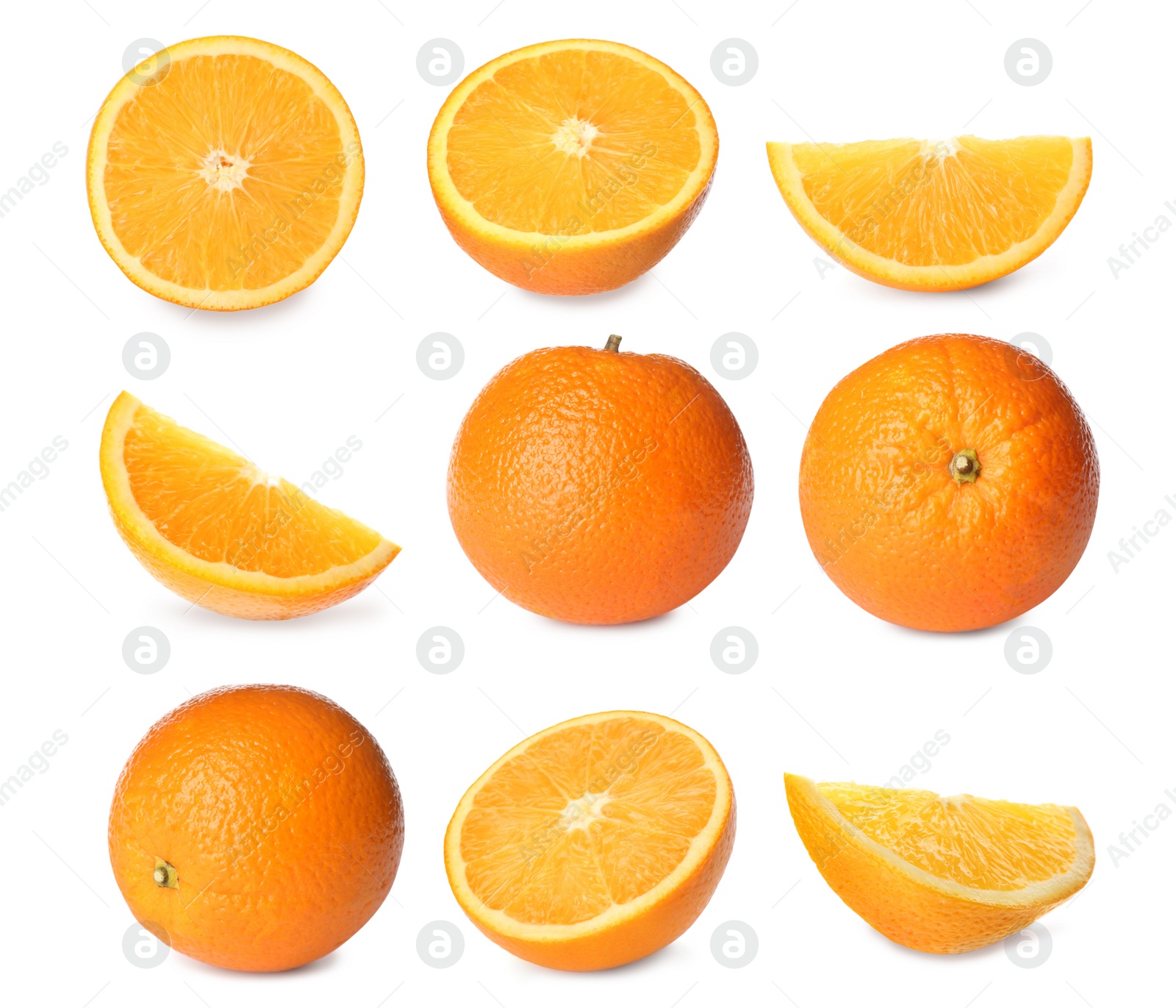 Image of Set with tasty ripe oranges on white background