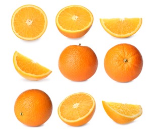 Image of Set with tasty ripe oranges on white background