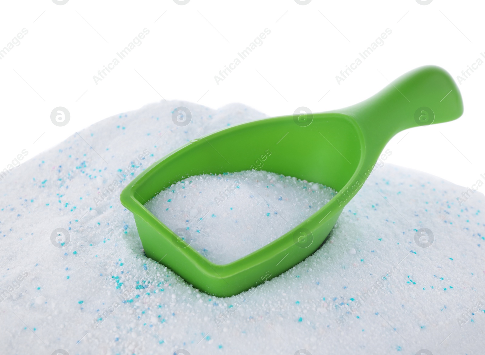 Photo of Measuring scoop with laundry powder on white background